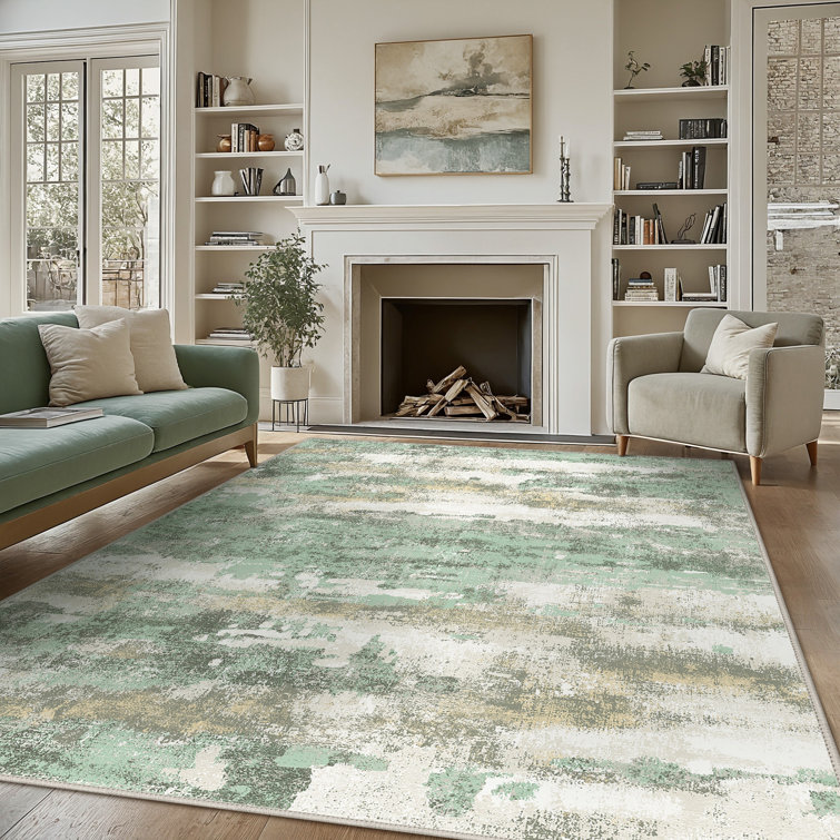 17 Stories Green Modern Abstract Machine Washable Indoor Area Rug